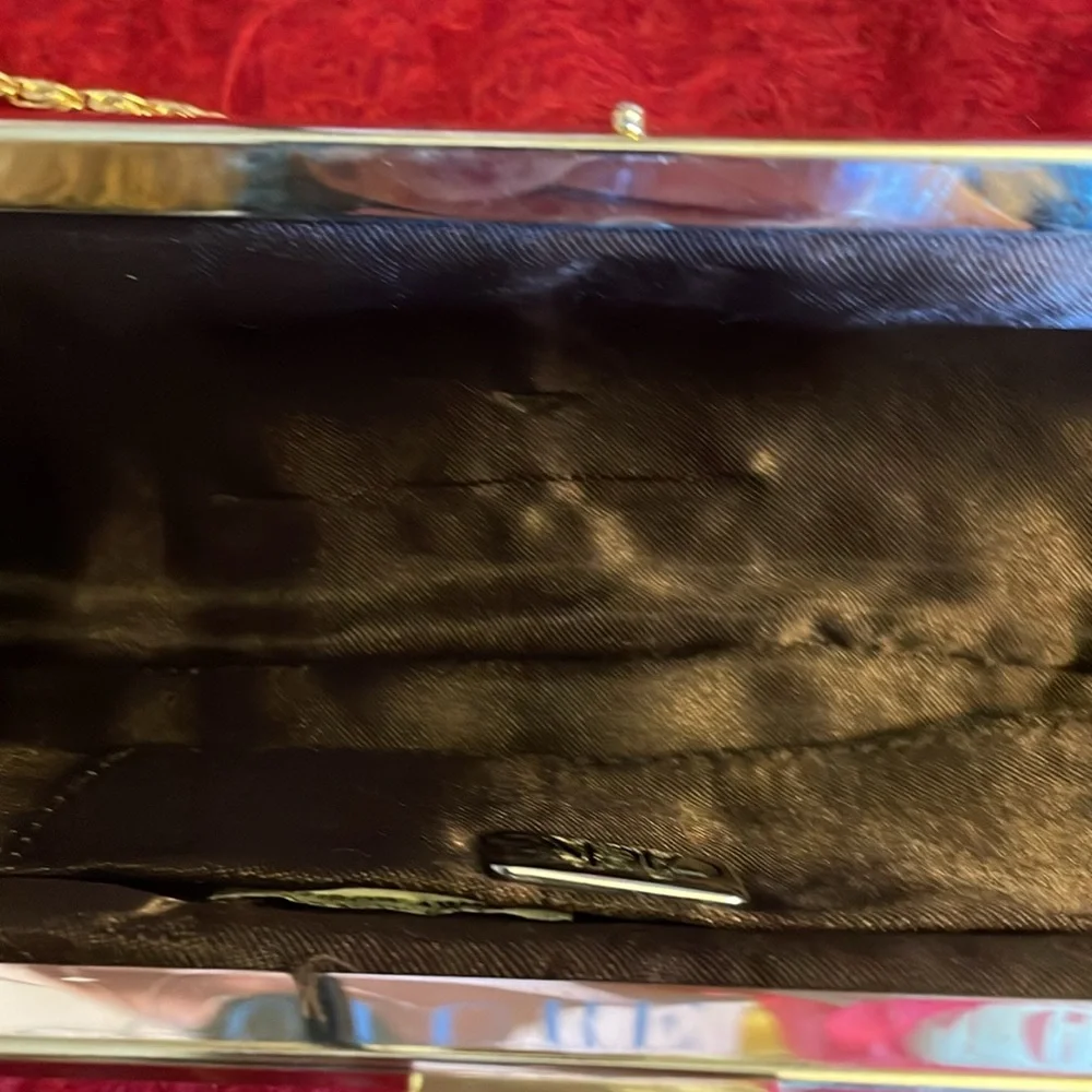 Cache Brown & Gold Satin Clutch Crossbody with Gold Chain purse bag